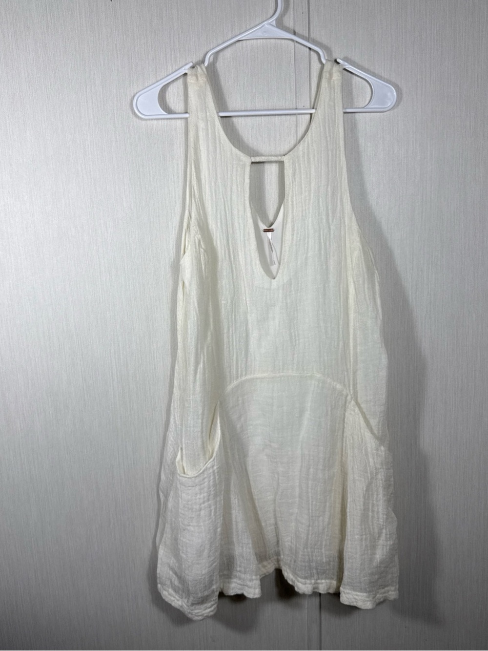 Free People White Linen Gauze Keyhole Mini Dress Sleeveless Pockets Boho S